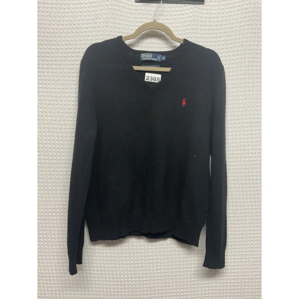 Ralph Lauren Polo Sweater‎ Solid Black Red Pony Men's Size M 100%  Lambs Wool
